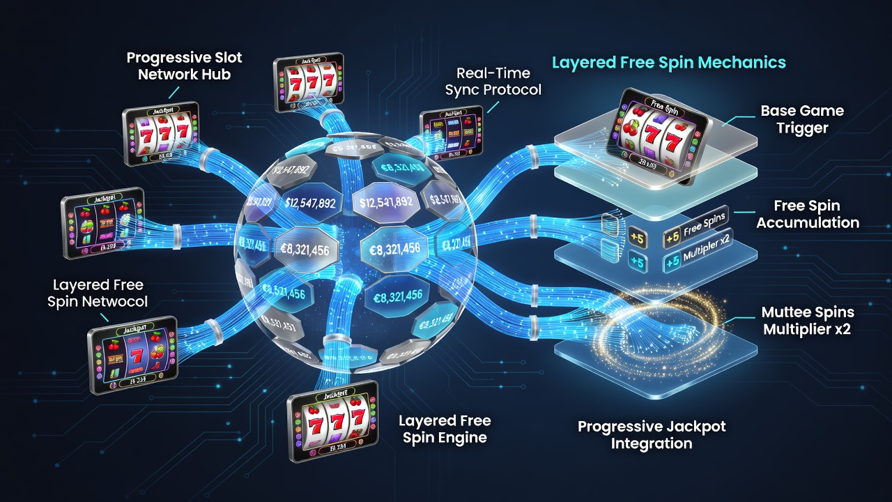 Screenshot of layered free spins interface with progressive jackpot meter